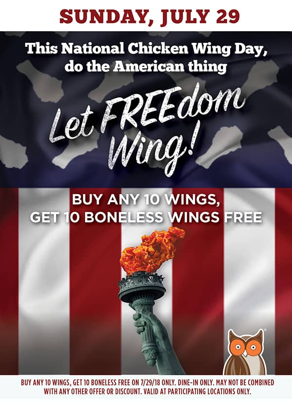 “Let FREE-dom Wing” at Hooters this National Chicken Wing Day  with 10 Free Boneless Wings When You Buy any 10 Wings