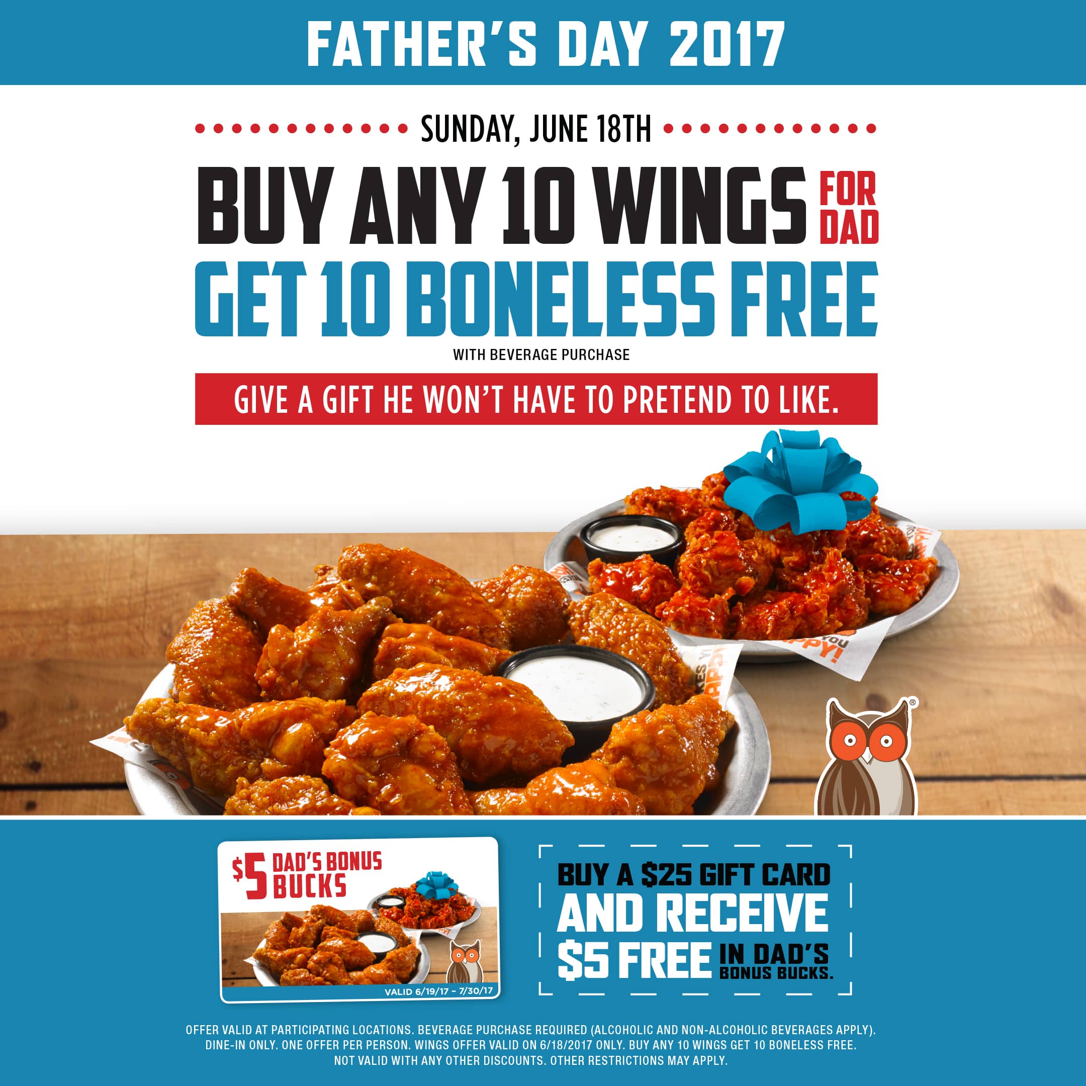Free Wings for Dads at Hooters this Father’s Day Hooters